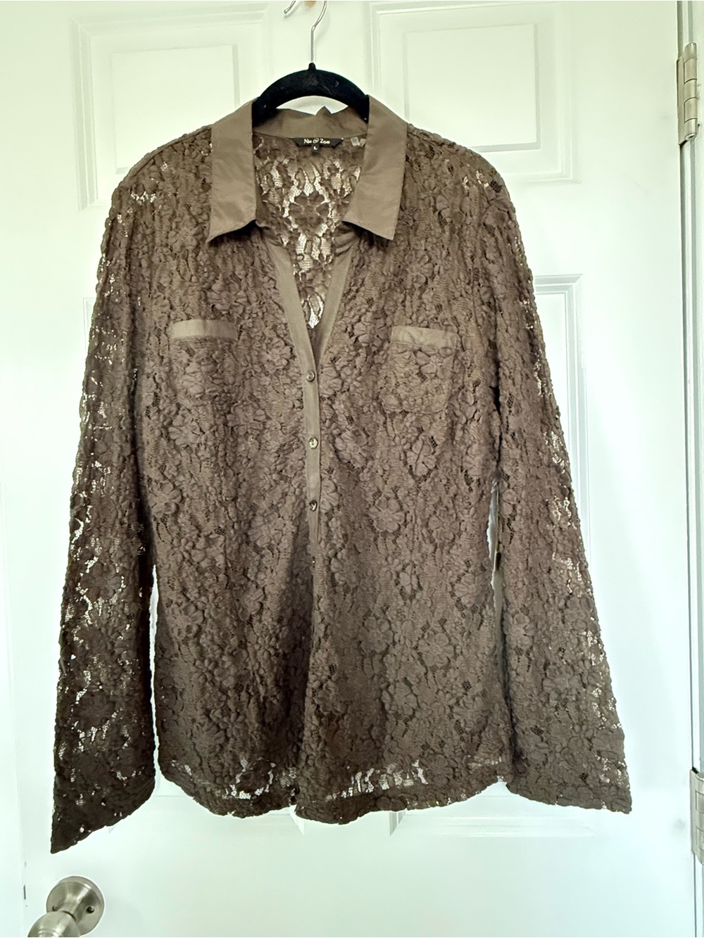NWT Nic & Zoe Brown Lace Button-Up Blouse